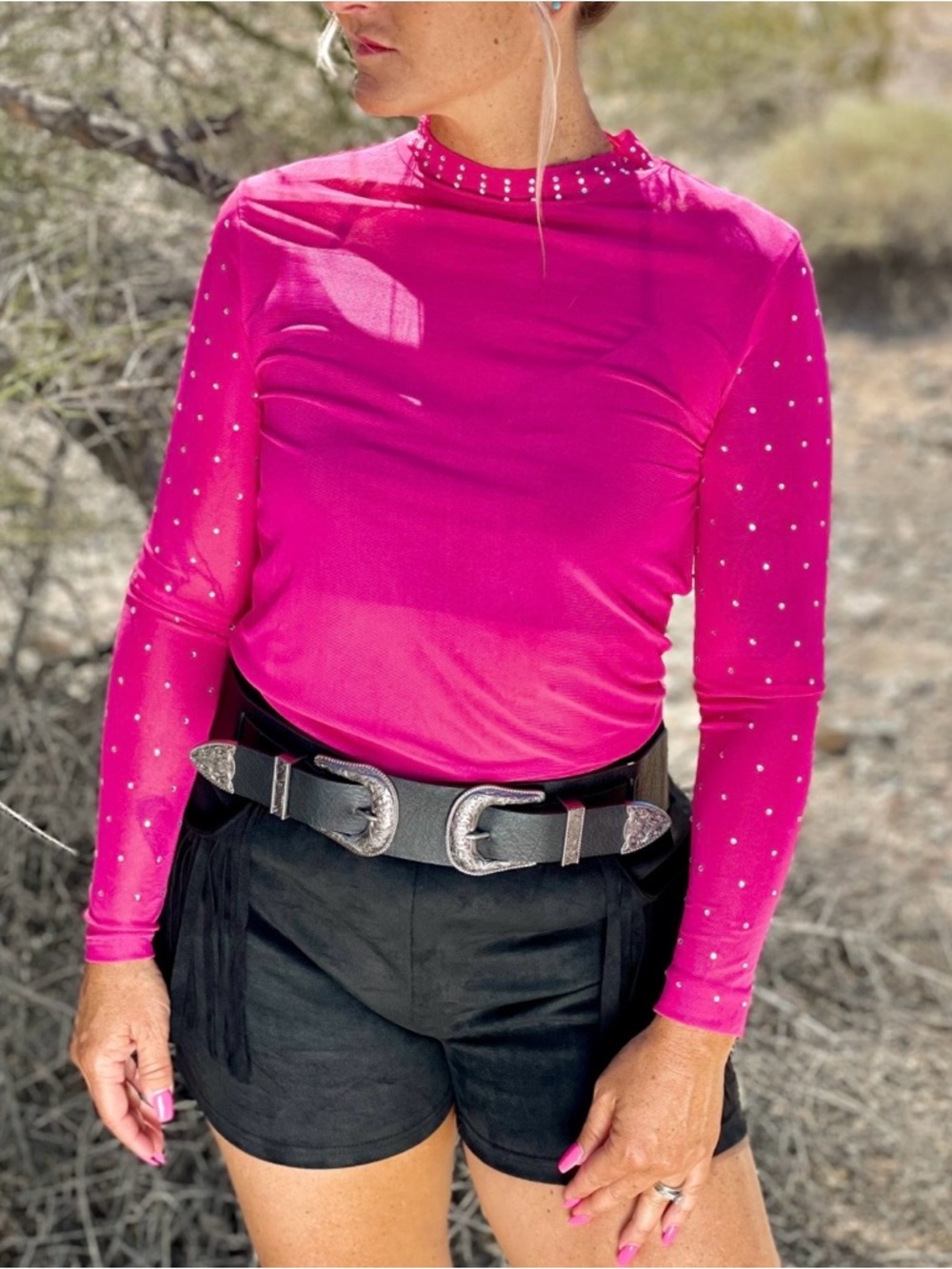 Fuchsia Long-Sleeve Rhinestone Mesh Top - Women's